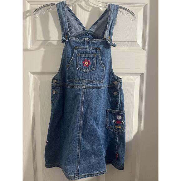 Vintage Mickey & Co Denim Overall Dress Sz L Flowers Disney - Picture 1 of 9